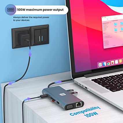 Portronics Mport 11C 11-in-1 Multiport USB Type C HUB with Type C Charging, 100MBPS Speed SD Card, VGA Port, 100W Max Output for MacBook Pro