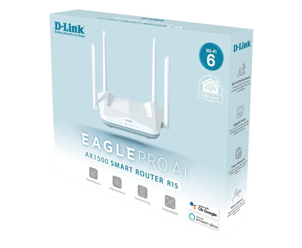 D-Link R15 AX1500 Eagle PRO AI Dual-Band Smart Router, Wi-Fi 6, 4 Gigabit Ports, 4 External Antennae, Voice Control, Parental Control