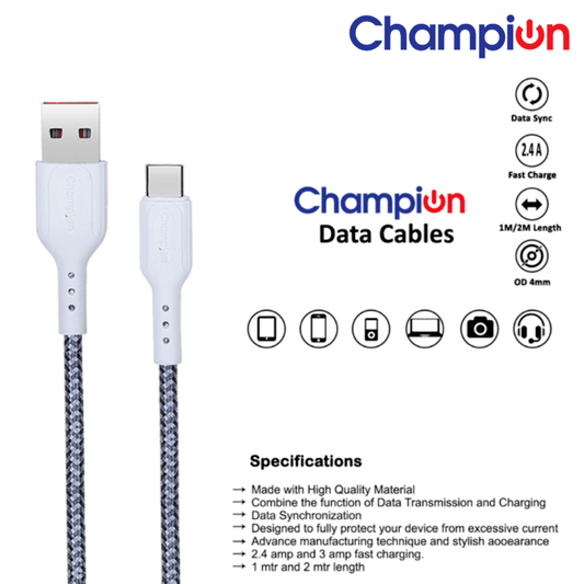 Champion USB to Type-C 2.4Amp Data Sync & Charging Cable Braided 1M for all Android & USB Type-C Devices