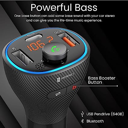 Portronics Auto 15 Bluetooth - FM Transmitter In-Car Fast Charger (PD 20W+QC3.0) (Black)