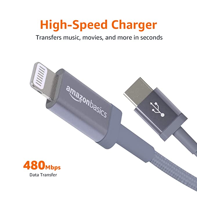 Amazon Basics MFI Certified 1.8M USB-C To Lightning Aluminum With Nylon Braided Charging Cable (Grey)