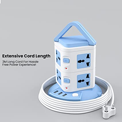 Portronics Power Plate 9 with 3 USB Ports & 8 Power Sockets, 2500W Output, 2.1A USB Charging, 3M Cord (Blue)