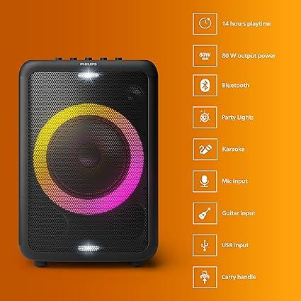 Philips Audio TAX3206 80 W Bluetooth Party Speaker with 14 Hours Play Time, Karaoke Features, Guitar and Mic Input, Party Lights and Carry Handle - Black