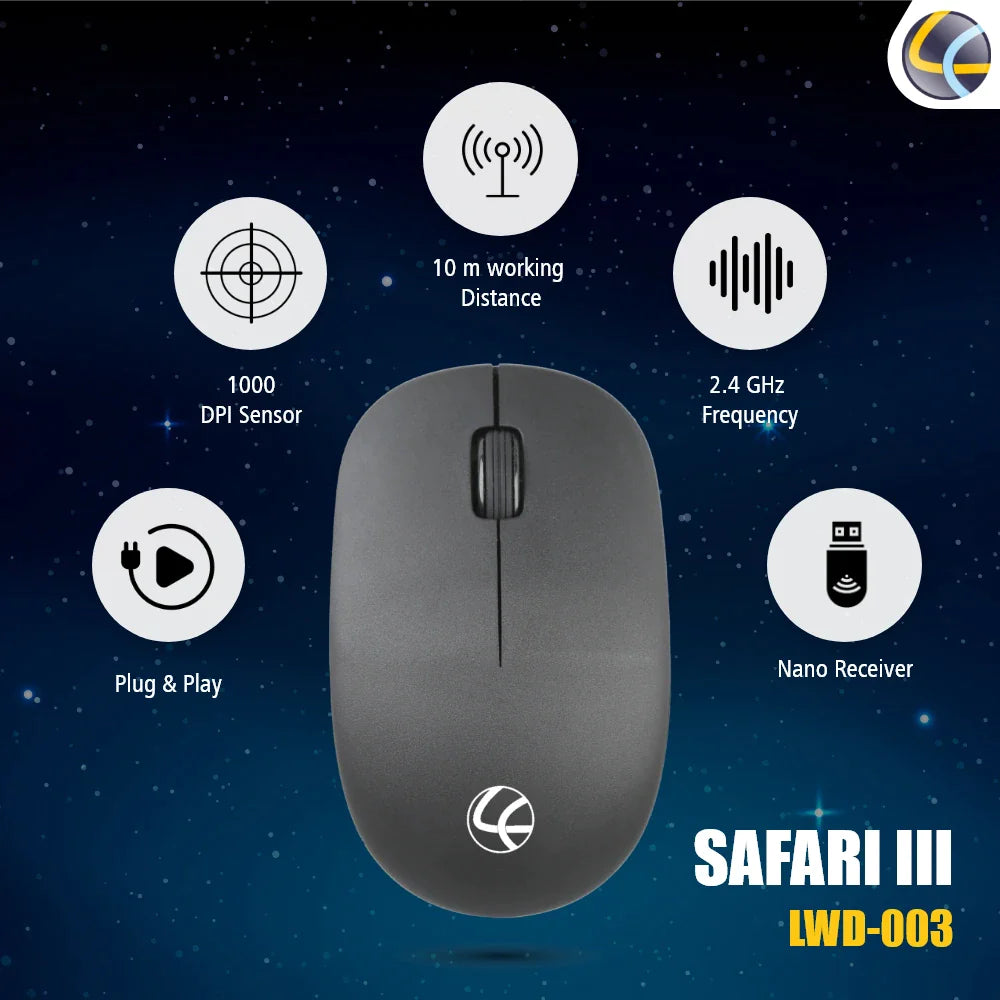 LAPCARE Safari 3 Wireless Optical Mouse with 2.4 Ghz 1000 DPI and Optical Sensor, Black