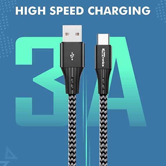 Portronics Konnect A 3A Fast Charging Nylon Braided Type C Cable with Data Sync Function 2Mtr