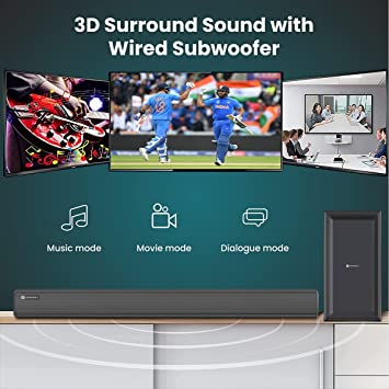 Portronics Pure Sound 101 Soundbar with Wired Woofer 120W 2.1 Channel I Bluetooth V5.0