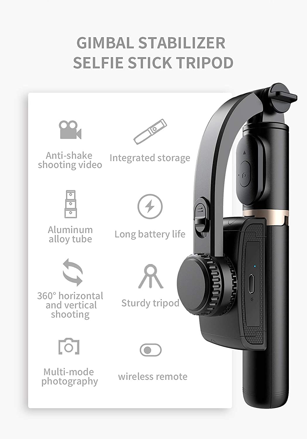 Gimbal Stabilizer for Smartphone with Extendable Bluetooth Selfie Stick and Tripod, Multifunction Remote 360 Automatic Rotation, for iPhone/Android
