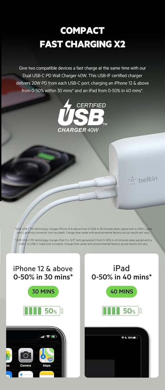 Belkin 40W Dual Port USB-C Wall Charger/Adapter, Fast Charging for iPhone 15, 14, 13, 12, iPad & Other USB-C Devices(White)