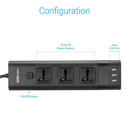 Portronics POR-1347 5A 5 Volts 2500 Watts Electrical Universal Sockets and 3 USB Ports Power Plate II (Black)