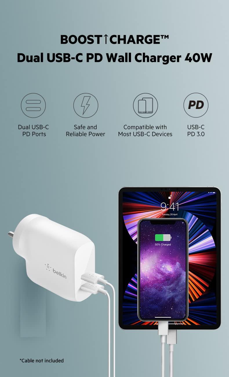 Belkin 40W Dual Port USB-C Wall Charger/Adapter, Fast Charging for iPhone 15, 14, 13, 12, iPad & Other USB-C Devices(White)