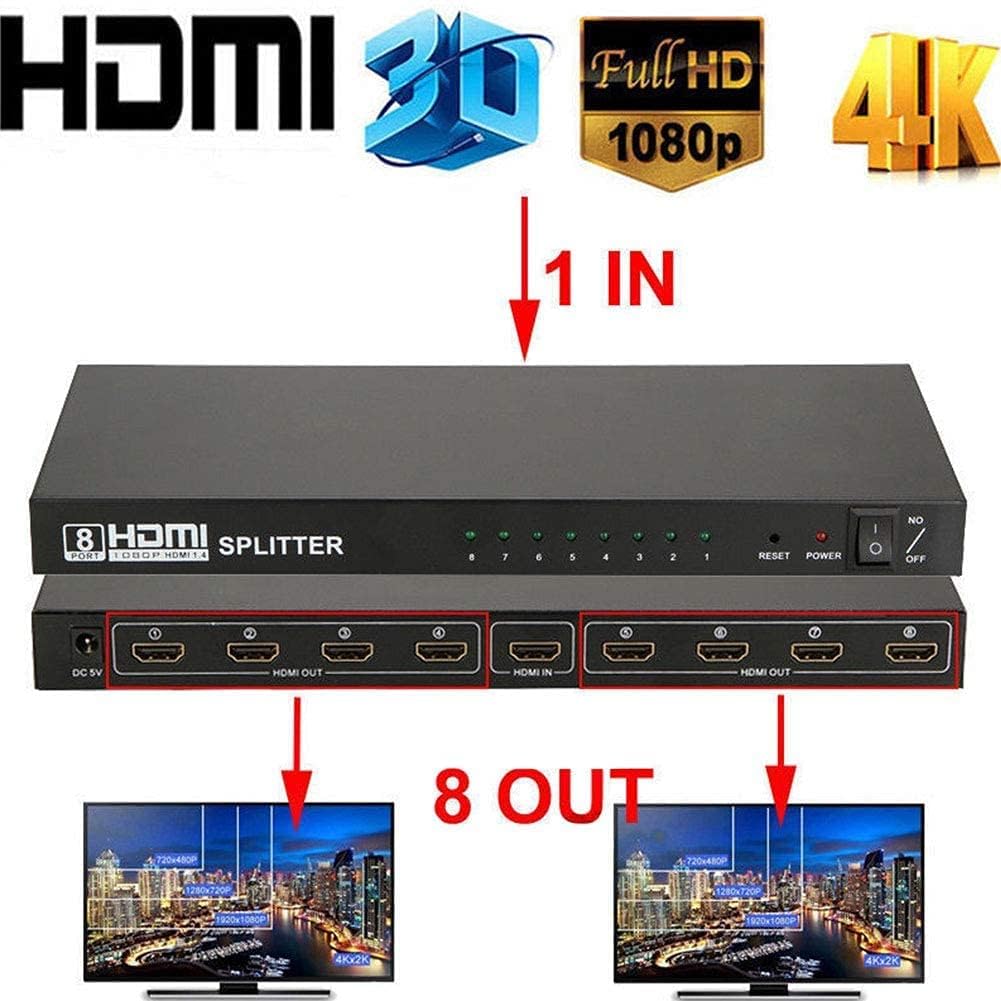 1x8 HDMI Splitter, HDMI Splitter 1 in 8 Out, Supports 3D 4K x 2K @30HZ Full HD 1080P, Support for TVs or Multi Monitor Adapter at Same Time (Black)