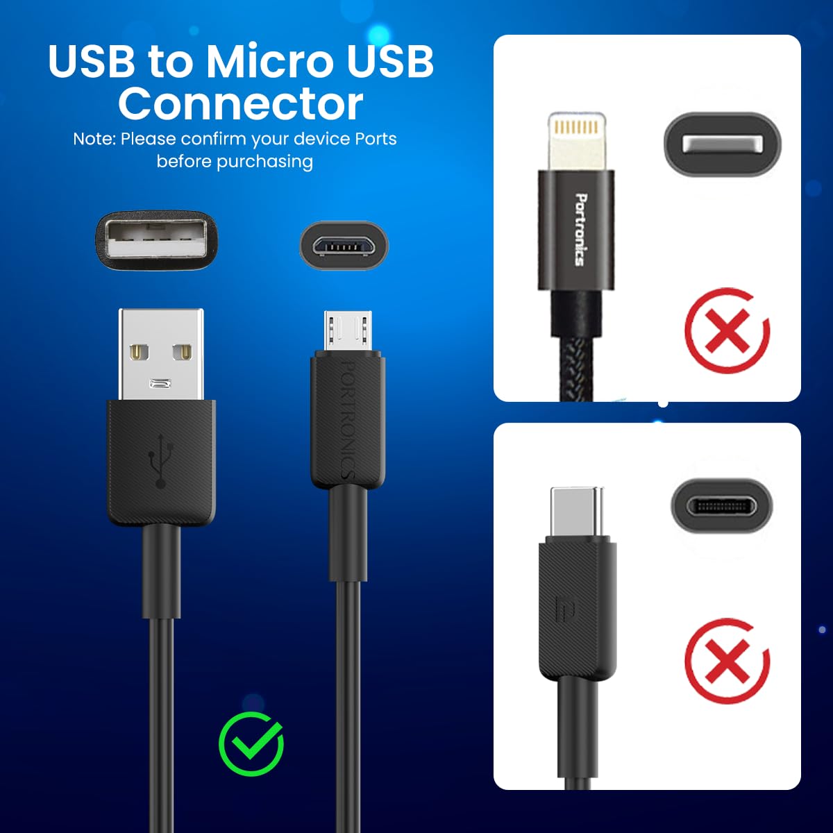 Portronics Konnect Link Micro USB Fast Charging Cable - 3.0A Output & 480Mbps Data Transfer 1M (Black)