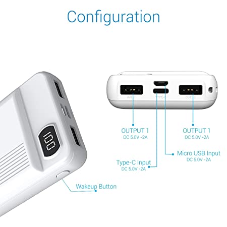 Portronics Indo 10D 10,000 mAh Power Bank Dual Input(Type C + Micro USB) and Dual Output with Display (White)