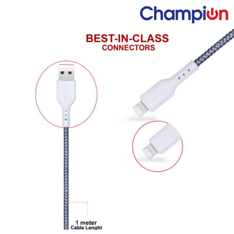 Champion USB to Lightning 2.4Amp Data Sync & Charging Cable Braided 1M for all Apple & Lightning Port Devices (Grey)