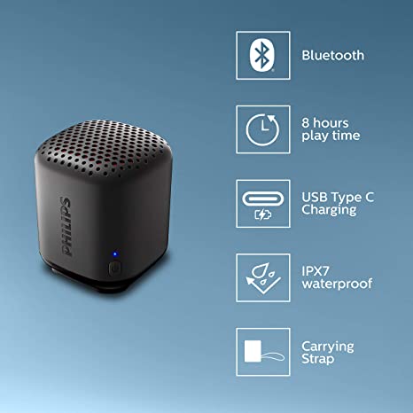 Philips TAS1505 Portable Wireless Bluetooth Speaker IPX7 Water Proof 8H Playtime (Black)