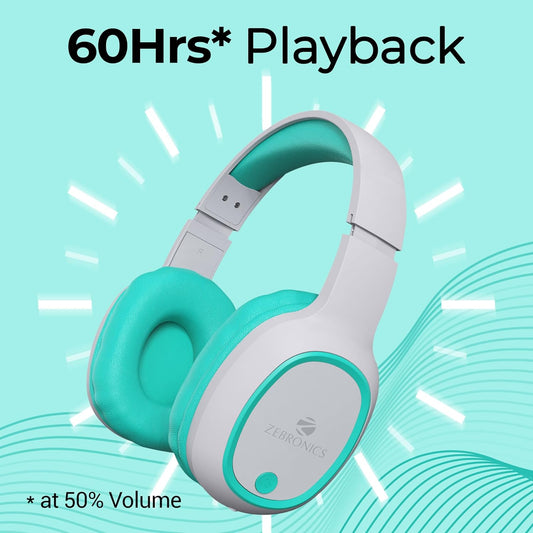 ZEBRONICS Thunder 60 hrs Playback time Bluetooth Wireless Headphone with FM, mSD, Playback with Mic (Sea Green)