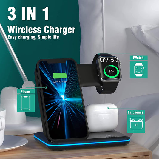 Wireless Charger 3-in-1 Charging Station 15W for AirPods 1/2/Pro/3, iPhone 14/14Pro/13,12,11,X,8 Series Devices (Black)