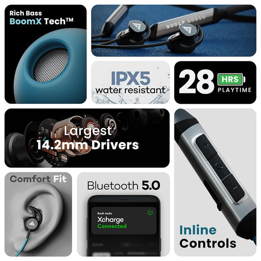 Boult Audio XCharge Wireless in Ear Bluetooth Neckband with ENC Mic, 28H Playtime, Type-C Fast Charging (Black)