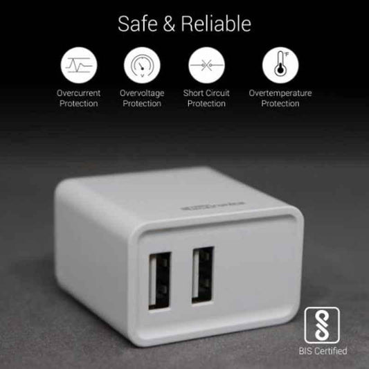 Portronics Adapto 646 POR-646, 3.1A Fast Charging Dual USB Port Wall Adapter with 1M Micro-USB Charging Cable (White)