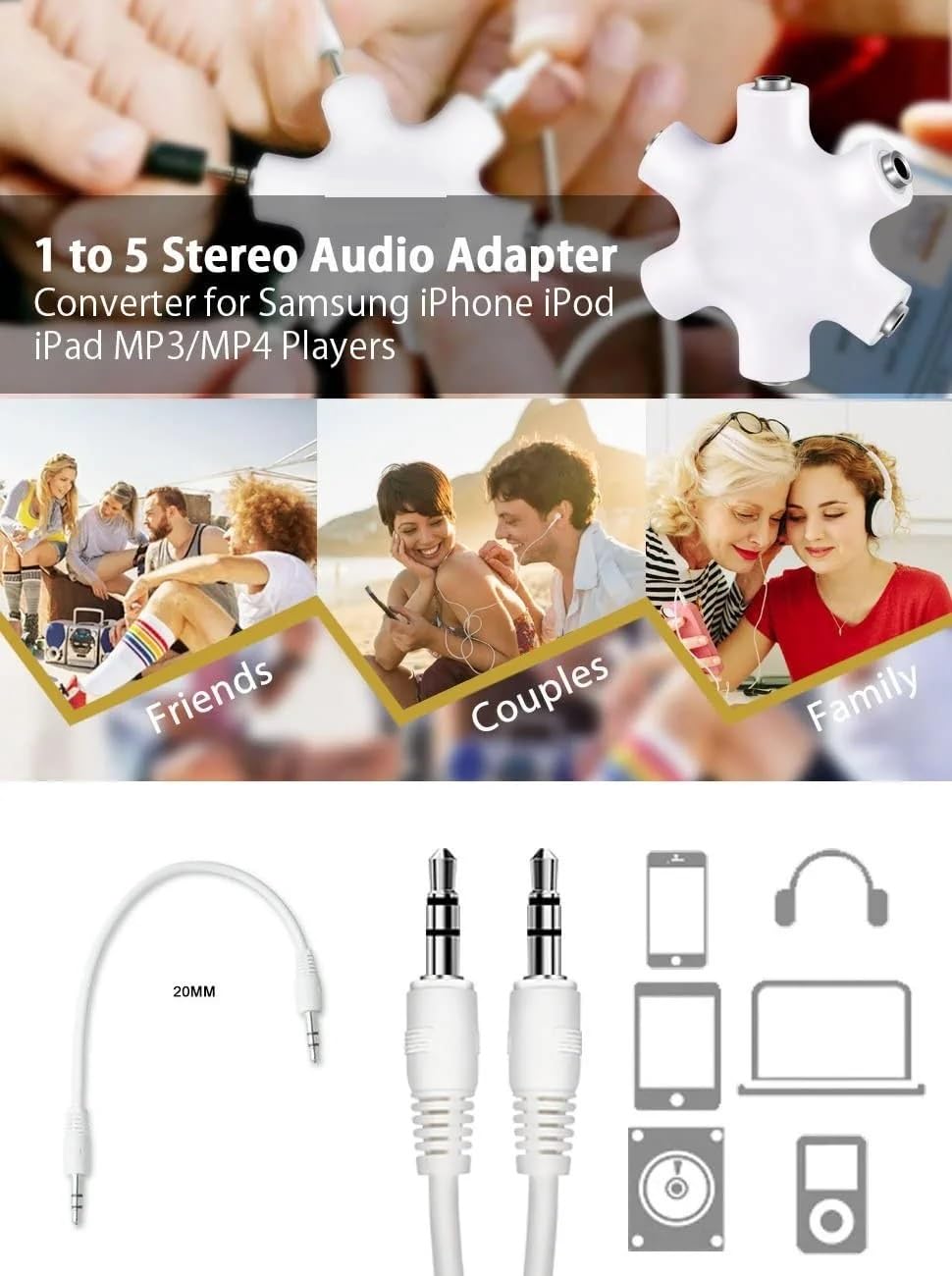 Audio Splitter 1X5 Hexagon Earphone Adaptor with 3.5mm cable Compatible with iOS & Android
