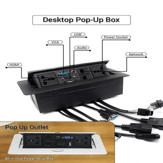 Multifunction Conference Table Connectivity and Data Box Pop Up Box/Cable Cubby with HDMI, VGA, Audio, LAN and Power Ports (Black)