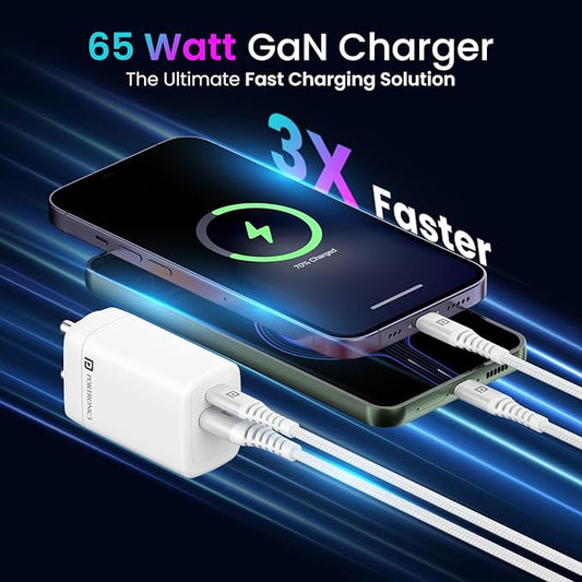 Portronics Adapto 65X 65W GaN PD Fast Charger | Dual Ports, 100W Type-C to Type-C Cable, Compatible with Laptop, MacBook, iPhone 8+, Tablet (White)