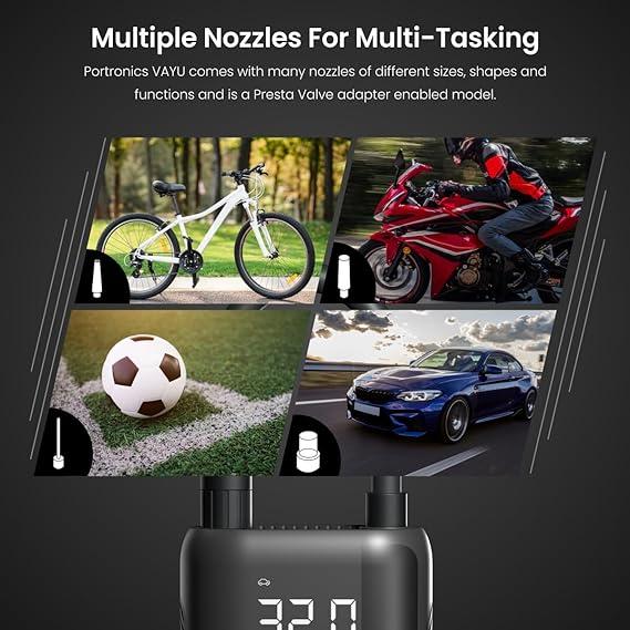 Portronics Vayu Portable Tyre Inflator/Air Compressor with Digital Display,4000 mAh Battery(Black)