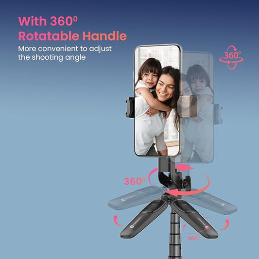 Portronics Lumistick Pro Smart Selfie Stick with 360 Degree Rotation, 10 M Bluetooth Range, 1600 mm Extension Rod, 3 Light Modes (Black)