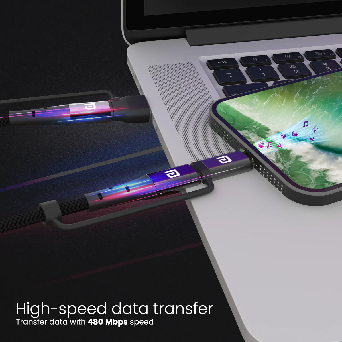 Portronics Konnect J8 3-in-1 (USB A + Type C to 8 Pin + Type C) Fast Charging with 60W Max Output, Nylon Braided, For Android Smartphone 1.2M (Black)