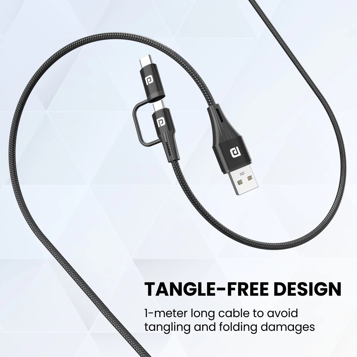 Portronics Konnect J7 20W Fast Charging with Dual Output (Type C + Micro USB), Changeable Metallic Heads, 480 Mbps Data Transfer, 1M (Black)