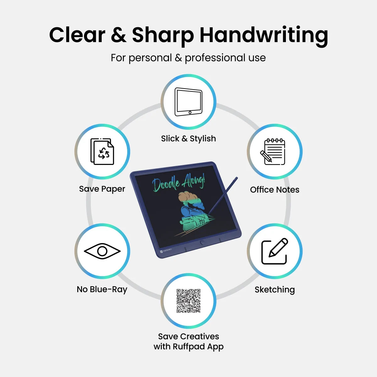 Portronics Ruffpad 15M 15Inch (38.1cm) Re-Writable Multicolor LCD Writing Pad with Smart Lock via Ruffpad app on your Smartphone (Blue)