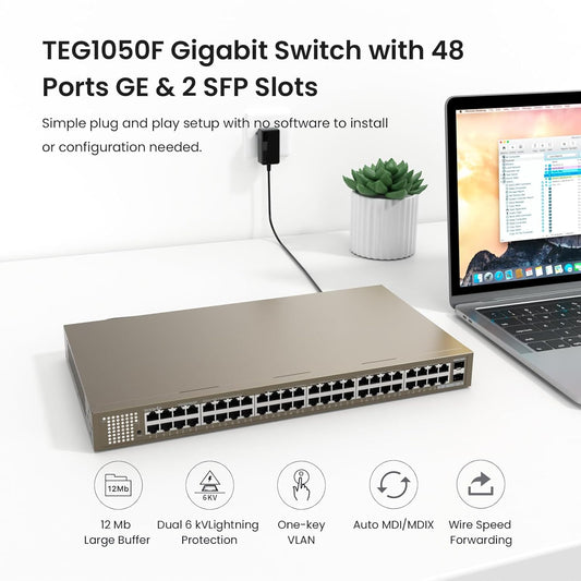 Tenda (TEG1050F) 50-Port Unmanaged Gigabit Ethernet Switch, Ethernet Splitter ,48 Giga+ 2SFP Ports,Plug & Play,Desktop/Wall-Mount