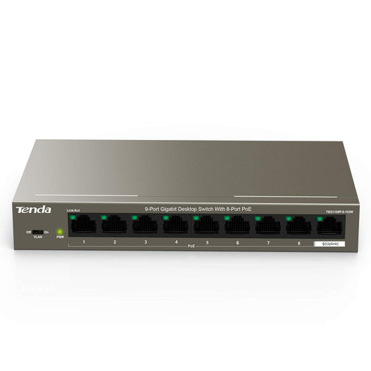 Tenda TEG1109P-8-102W 9-Port Gigabit PoE Switch with 8 PoE Ports, 102W, Plug & Play, Lightning Protection, Metal Housing
