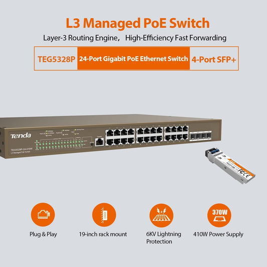 Tenda TEG5328P-24-410W 28-Port L3 Managed PoE Switch, 24 x 10/100/1000Mbps Ports, 1000Mbps Network, 410W Power