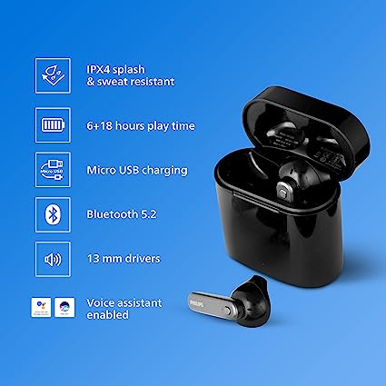 Philips TWS TAT3225 Earbuds, 24H Playtime, IPX4, 13mm Drivers