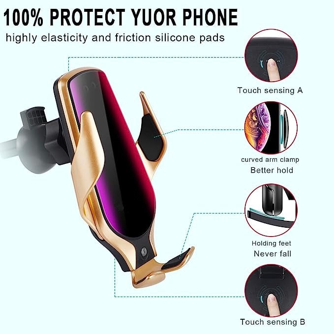 Smart Sensor Wireless Car Charger Mount, Automatic Clamping QC/QI 10W Fast Charging Compatible with Android & iPhone (Gold)