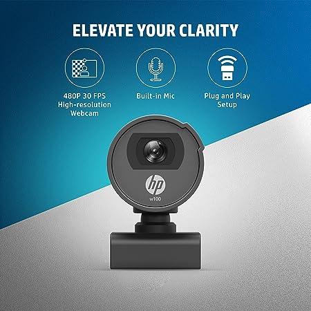 HP W100 480P 30 FPS Digital Webcam with Built-in Mic, Plug and Play Setup, Wide-Angle View for Video Calling on Skype, Zoom, Microsoft (Black)