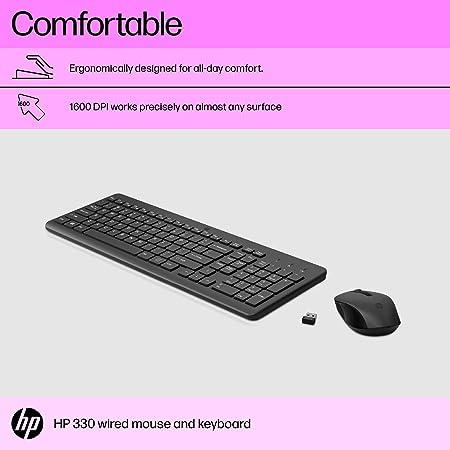 HP 330 Wireless Black Keyboard and Mouse Set with Numeric Keypad, 2.4GHz Wireless Connection and 1600 DPI, USB Receiver, LED Indicators (Black)