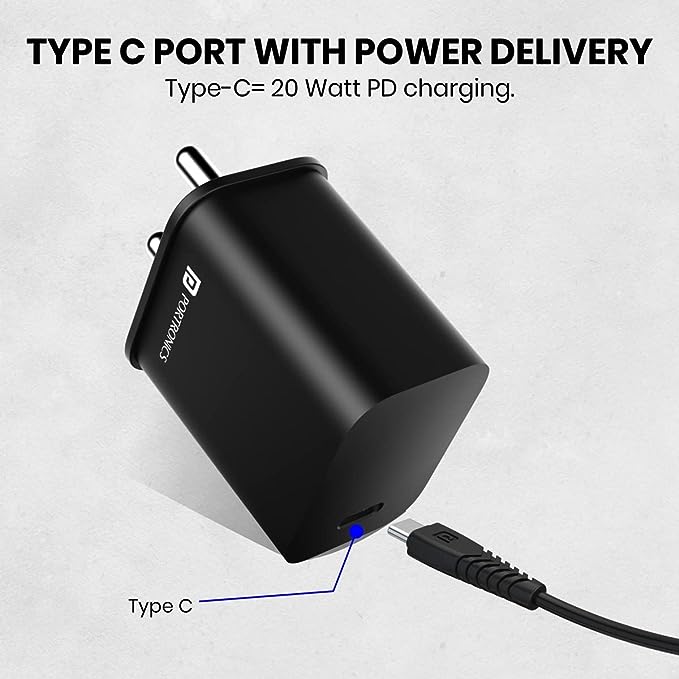 Portronics Adapto 20C Type C 20w Adapter for iPhone With PD 3.0 USB-C 20 Watt Fast Charger (Black)