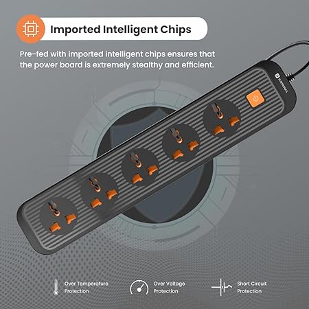 Portronics Power Plate 13 Multiplug Extension Board with 5 Power Sockets, 1500W, 2M Cord Length, Fire Proof Material, Short Circuit Protection (Black)