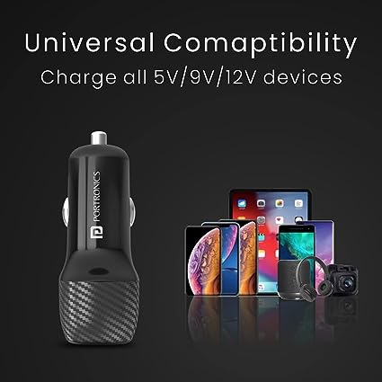 Portronics Car Power 6 Car Charger with Dual USB Port for Cellular Phones (PD+QC) 38W (Black)