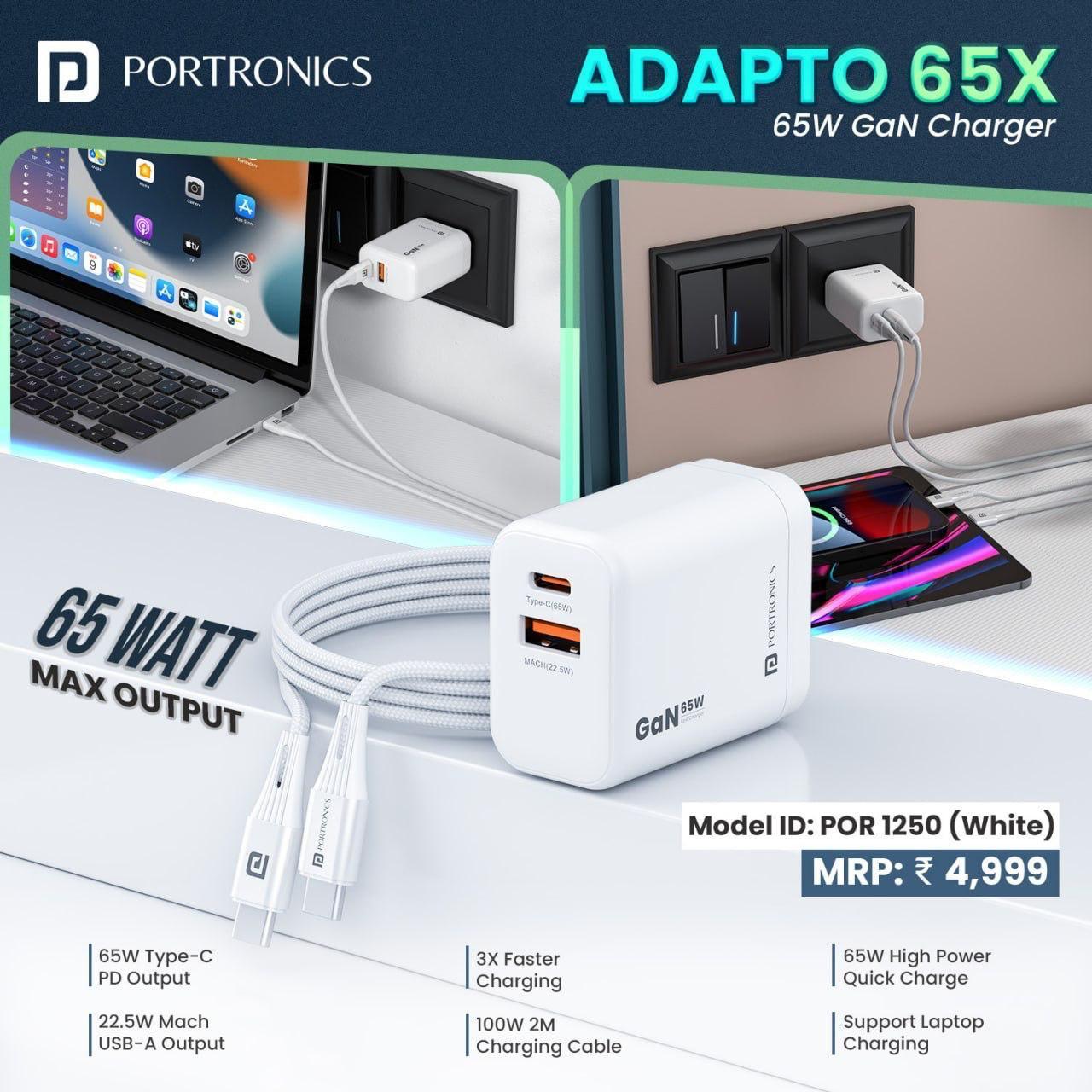 Portronics Adapto 65X 65W GaN PD Fast Charger | Dual Ports, 100W Type-C to Type-C Cable, Compatible with Laptop, MacBook, iPhone 8+, Tablet (White)