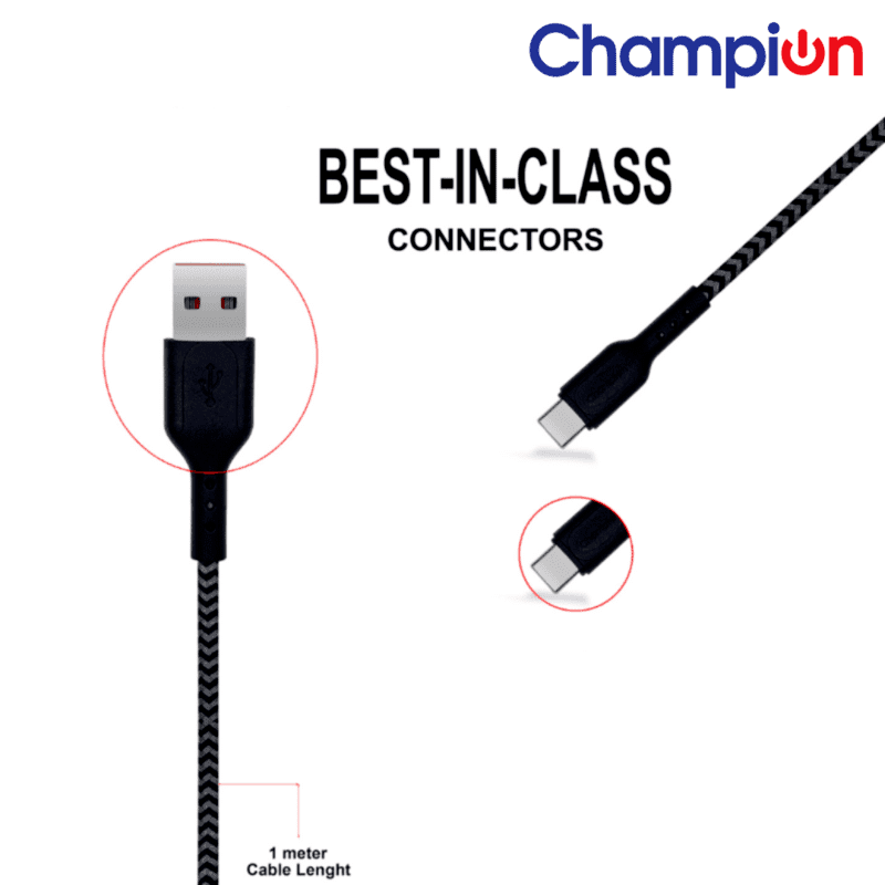 Champion USB to Type-C 2.4Amp Data Sync & Charging Cable Braided 1M for all Android & USB Type-C Devices
