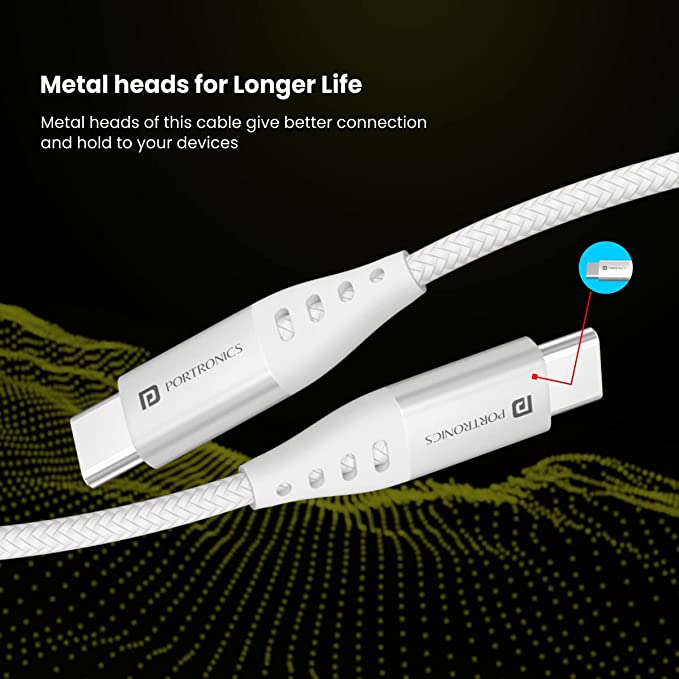 Portronics Konnect C1 60W PD Type C to Type C Unbreakable Data & Charging Cable, Nylon Braided with Metal Heads, 1M Length (White)