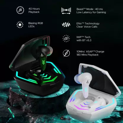boAt Immortal 131 W/ Beast Mode (40ms Low Latency), 40 Hours Playback & RGB Lights Bluetooth (Black Sabre, True Wireless)