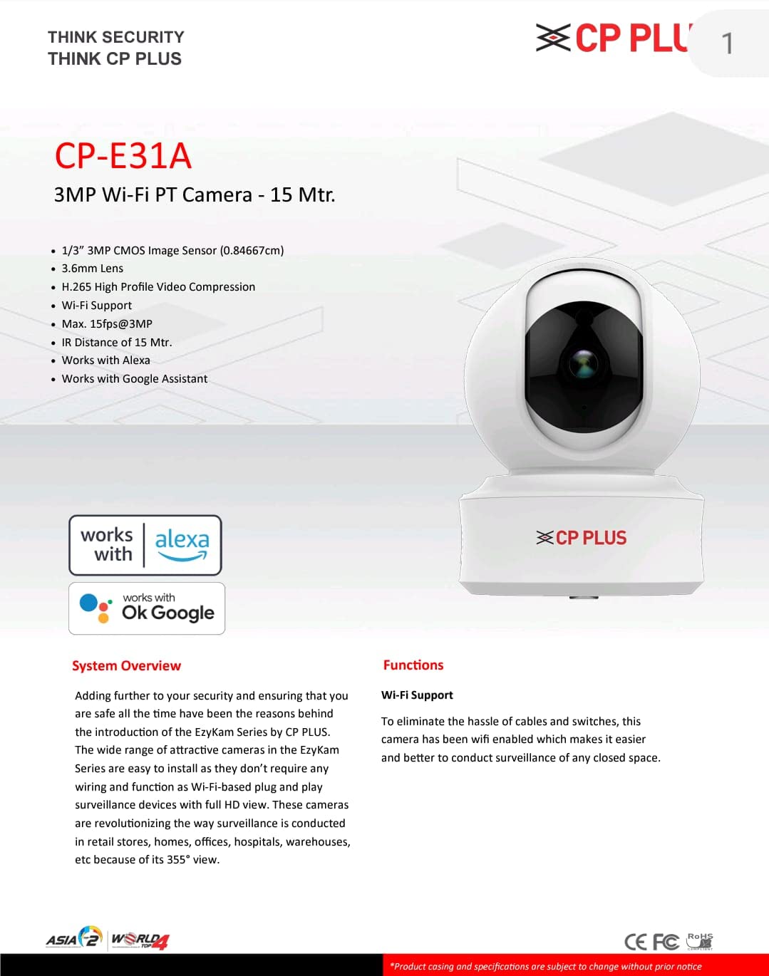 CP PLUS CP-E31A 3 MP Wi-Fi PT 360° View | 2 Way Talk | Night Vision | Motion Detect CCTV Home Security Camera (White)