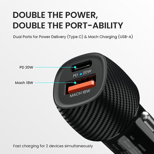 Portronics 20W Car Power 17 Car Charger Adapter with Dual Output (20W PD Type C Port + 18W USB A Mach 3.0 Port),Black