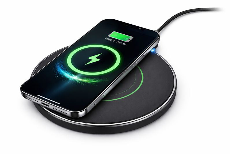 Fast wireless charger pad for smartphones with LED indicator, Qi-enabled charging on black charging dock