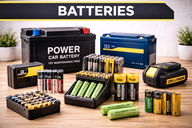 Batteries including AA, AAA, rechargeable lithium batteries and car battery for multiple devices