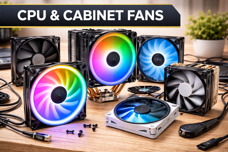CPU and cabinet cooling fans including RGB case fans and air CPU coolers for PC systems